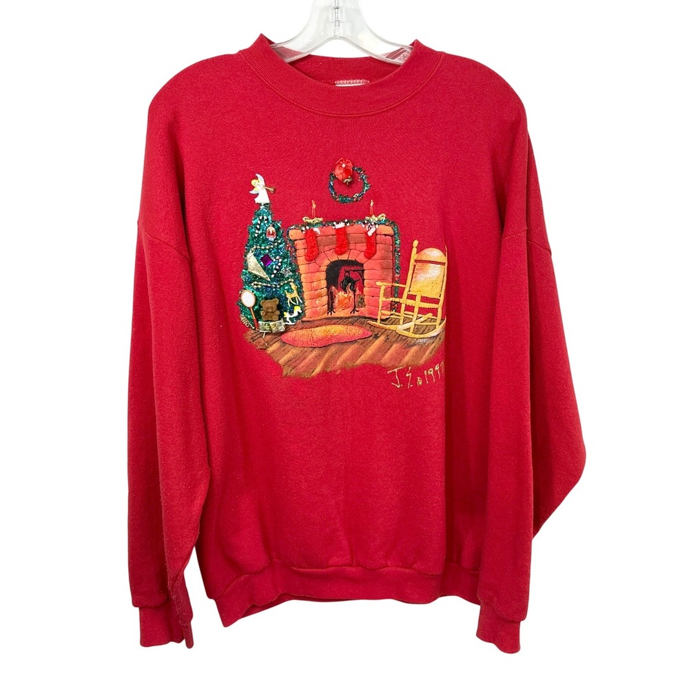 Tultex 1998 Christmas Sweatshirt XL Red 3D Puff Print Trinkets VTG Handmade 522